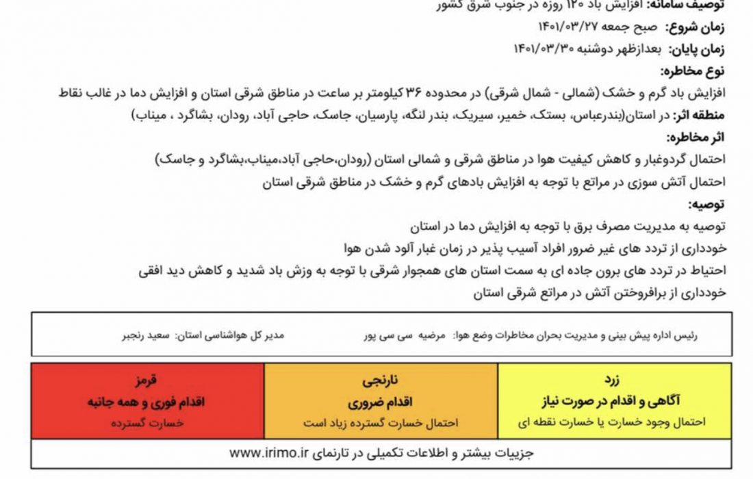 صدور هشدار هواشناسی سطح زرد در هرمزگان و شهرستان های بستک ، بندرلنگه و پارسیان/ افزایش باد گرم و خشک از روز جمعه