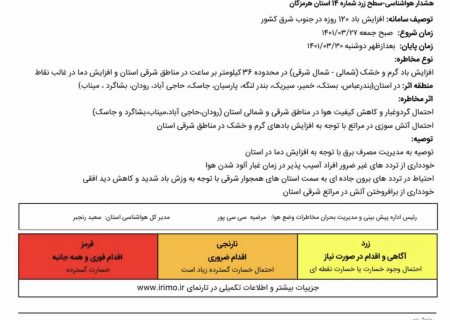 صدور هشدار هواشناسی سطح زرد در هرمزگان و شهرستان های بستک ، بندرلنگه و پارسیان/ افزایش باد گرم و خشک از روز جمعه